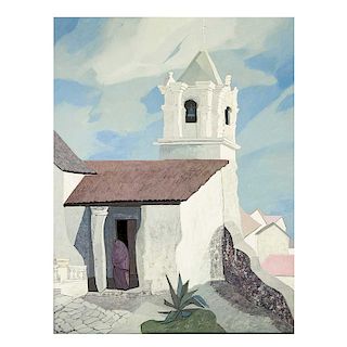 Gilberto Almeida. Iglesia en paisaje montañoso. Acrílico sobre tela. Firmado. Enmarcado. 159 x 119 cm