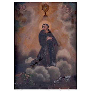 Anónimo. México, finales del siglo XIX. Franciscano en ascenso, con custodia litúrgica, en rompimiento de gloria. Óleo sobre lámina.