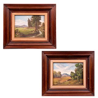 Firmados Eustaquio  Lote de 2 obras pictóricas Paisaje y paisaje con rebaño. Óleo sobre tela. Enmarcados. 29 x 39 cm c/u