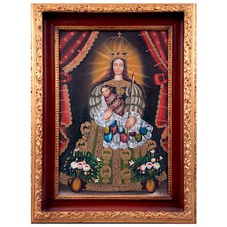Anónimo. Virgen de la Candelaria. Siglo XX. Escuela Cusqueña. Óleo sobre fibracel. Enmarcado. 58 x 38 cm