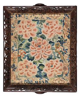 Fine Embroidered  Silk and Carved Wood Tray