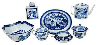 Eight Pieces Canton Blue and White Porcelain