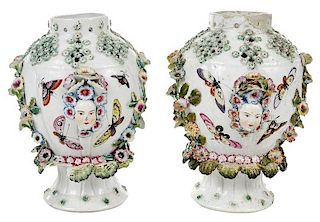 Pair Continental Floral Encrusted Vases
