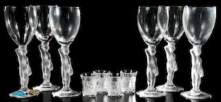 Four Lalique Enfants Glasses, Six Wine Glasses