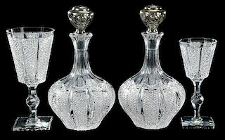 Pair Cut Glass Hawkes Decanters, Kohinoor, Stems