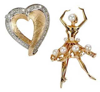 Two Retro 14kt. Brooches