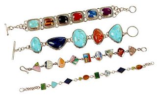 Four Sterling Silver and Gemstone Bracelets