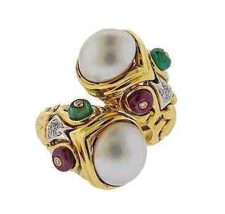18K Gold Diamond Mabe Pearl Multi Stone Bypass Ring