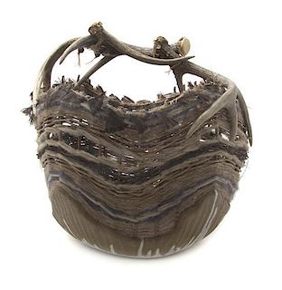 * A Studio Ceramic Basket, Height 16 1/2 inches.