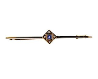 Antique 9K Gold Blue Stone Pearl Brooch Pin