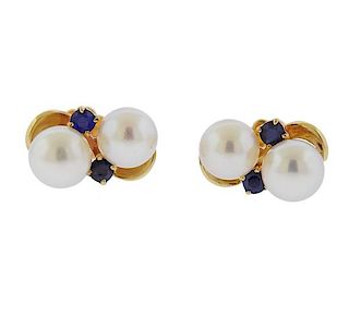 14K Gold Pearl Sapphire Earrings