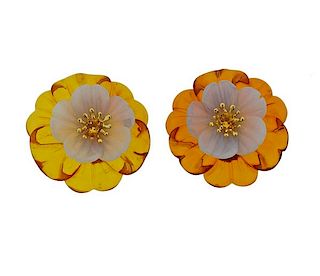 Trianon 18k Gold Carved Amber Citrine Flower Earrings 