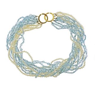 Tiffany &amp; Co Picasso 18k Gold Pearl Aquamarine Torsade Necklace 