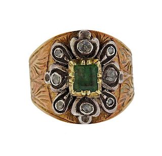Antique 18K Gold Silver Diamond Green Stone Ring 