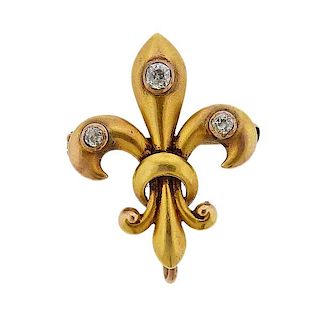 Antique 14K Gold Diamond Fleur De Lis Brooch Pendant