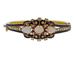 14K Gold Diamond Opal Enamel Bangle Bracelet