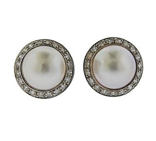 14K Gold Diamond Pearl Button Earrings