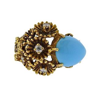 18K Gold Diamond Turquoise Flower Ring