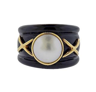 14K Gold Pearl Onyx Wide Band Ring