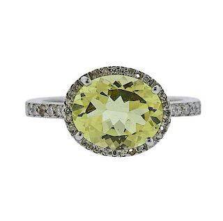 18K Gold Diamond Green Stone Halo Ring