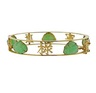 14K Gold Carved Jade Bangle Bracelet