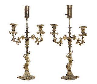 * A Pair of Continental Gilt Bronze Two-Light Figural Candelabra, Height 22 3/4 inches.