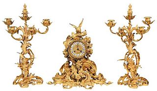 Louis XV Style Gilt Bronze Clock Garniture