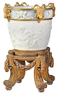 Large Louis XVI Style Bisque Jardiniere, Stand