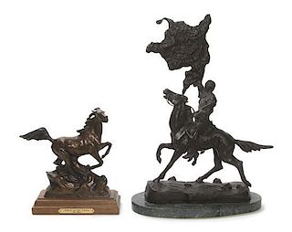 * Two American Bronze Equestrian Figures, Height of taller overall 17 inches.