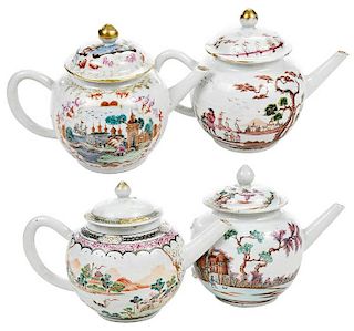 Four Chinese Export Teapots with Landscapes