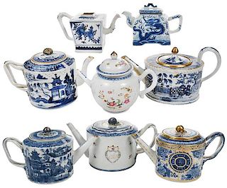 Eight Chinese Export Blue and White Teapots