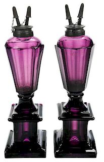 Pair of Amethyst Whale Oil Lamps