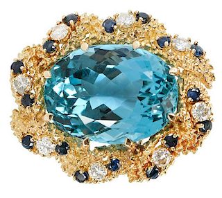18kt. Aquamarine, Diamond and Sapphire Brooch