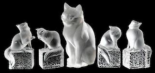 Five Lalique Glass Cat Figures