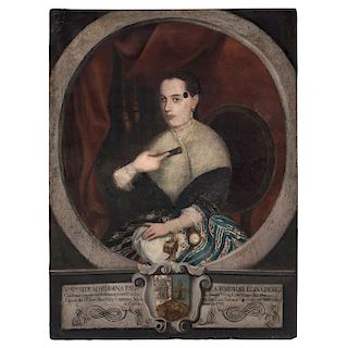 PORTRAIT OF DOÑA MARÍA ANA PAULA DE MORA Y LUNA PÉREZ CALDERÓN. MÉXICO, 18TH CENTURY. Oil on canvas. With an  inscription and a coat of arms.