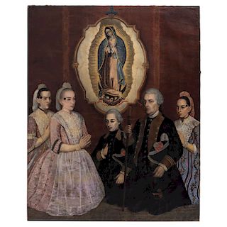 PATRONAGE OF THE COUNTS OF SANTA MARÍA DE GUADALUPE Y DEL PEÑASCO AT THE FOOT OF THE VIRGIN OF GUADALUPE. MÉXICO, 18TH CENTURY. Oil on canvas.
