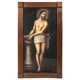 CHRIST AT THE COLUMN. MEXICO, 20TH CENTURY. Oil on canvas. 