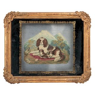 A PAIR OF EMBROIDERIES. MEXICO, 20TH CENTURY. Two embroidered images of dogs. Framed with eglomissé glass.