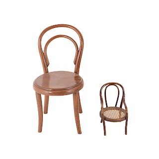 A PAIR OF CHAIRS FOR CHILDREN. MEXICO AND AUSTRIA, 19TH CENTURY. Two wooden chairs. One marked with the label "JACOB & JOSEF KHONTESCHEN"