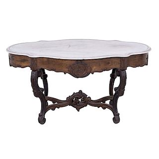 TURTLE TABLE. FRANCE, 19TH CENTURY. Carved wood with white marble cover. 