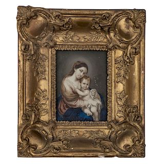 VIRGIN WITH THE CHILD. TWENTIETH CENTURY. Oil on gutta-percha. Golden wood frame.