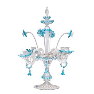 CHANDELIER. ITALY, FIRST HALF OF XX CENTURY. In MURANO glass, transparent and blue color. For 4 lights.