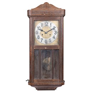 WALL CLOCK. FIRST HALF OF XX CENTURY. Wooden box. Rope and pendulum mechanism (without key). Square metal cover.
