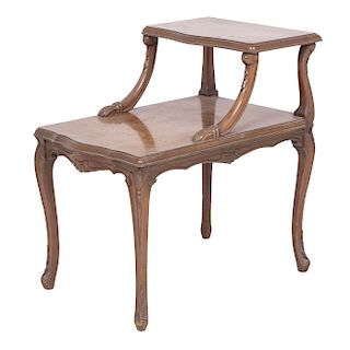 SIDE TABLE, XX CENTURY, Made of carved wood. 2 levels Rectangular roof with cabriolet type brackets.