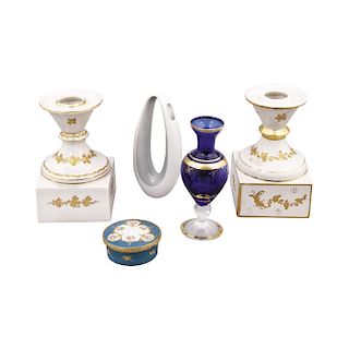 LOT OF SIX PIECES EUROPEAN ORIGIN, SXX Consists of: 2 candlesticks, 3 vases and deposit. Decorated with golden enamel.