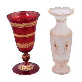 PAIR OF FLOWERS VASES XX CENTURY Made of glass, one opaque and one red. Decorated with organic elements in golden enamel.