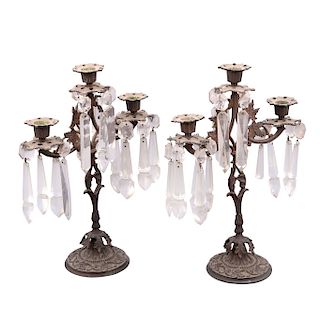 PAIR OF CANDLESTICKS CENTURY XX Made in bronze. With faceted glass beads. For 3 lights. With plant design shaft.