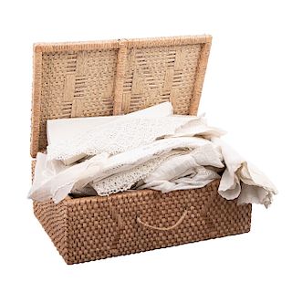 TABLE LINEN SET Some decorated with organic elements and initials. Includes woven palm box.