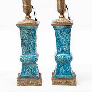 Pair of Chinese Pottery Turquoise Glazed Gu Form Vases, Mounted as Lamps