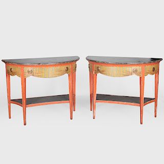 Pair of Neoclassical Style Painted Demi Lune Console Tables